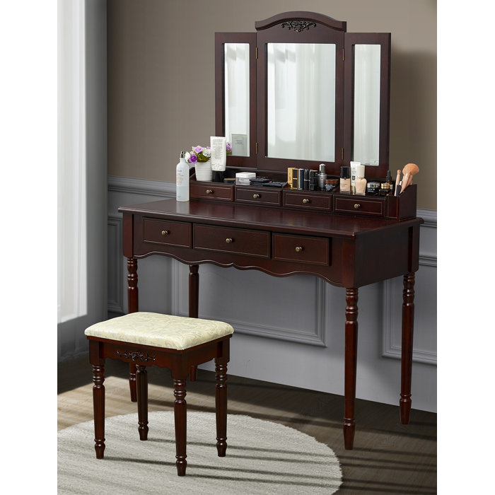 Alcott Hill® Vanity Table Set Vanity Desk With Cushioned Stool And Tri
